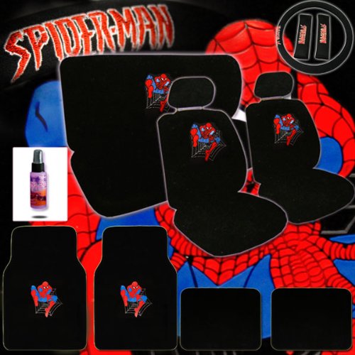New 16 Pieces Spiderman Logo Low Back Front Car Seat Covers, Rear Bench Cover, Seat Belt Covers, Steering Wheel Cover, 4 Pieces Carpet Floor Mats and a 2 oz Purple Slice Car Wash Free Detailer/Multipurpose Cleaner On Sale