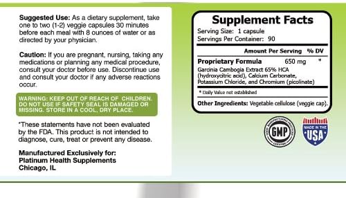 65% HCA Garcinia Cambogia Extract with Chromium Picolinate * All Natural Appetite Suppressant and Weight Loss Supplement * 650mg* 90 Veggie Capsules * Platinum Health Supplements