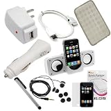GTMax USB Car Charger + USB Travel Charger + USB Data Cable + Black Checker Gel Case + LCD Screen Protector + Black Universal Soft Gel Earbud Headset + White Portable Folding Speaker + Silver Universal PDA Stylus for Apple iPod Touch 2nd / 3rd Generation