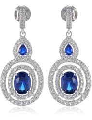 Halo Sterling Silver Oval and Pear Created Ceylon Sapphire Round Created White Sapphire Earrings