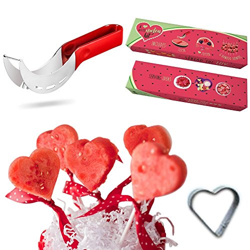 [LIFETIME GUARANTEE] 3-in-1 Watermelon Kit Stainless Steel Watermelon Slicer with Silicone Tongs,Heart Shaped Cutter,Knife and Serving Sticks.