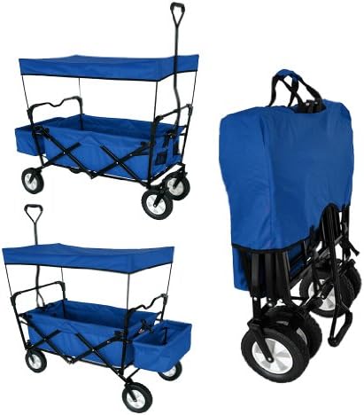 BLUE GARDEN UTILITY TRAVEL CART FOLDING WAGON WITH CANOPY COVER AND HANDLE