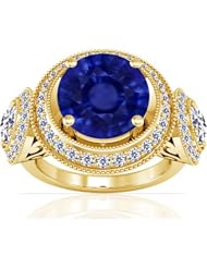 14K Yellow Gold Round Cut Blue Sapphire Ring With Sidestones