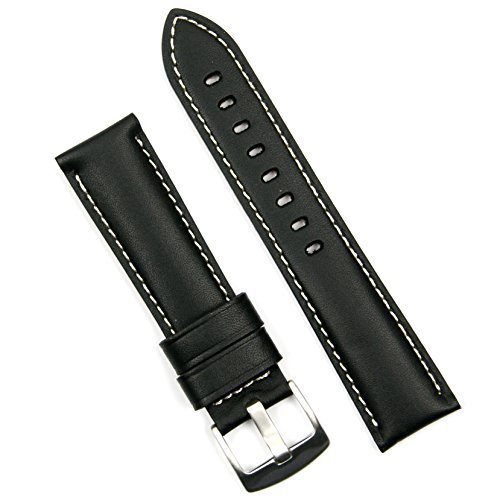 B and R BandsB & R Bands 20mm Black Calf Leather Watch Band Strap White Stitch - Medium Length