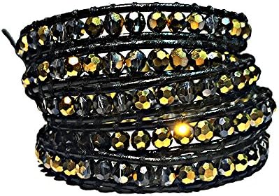 UCF Black and Gold Gemstone Crystal - Black Leather Wrap Bracelet 5x Wrap Bracelet