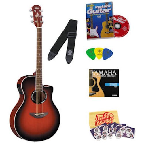 Yamaha APX500 Dusk Red Burst Acoustic-Electric Guitar Bundle with Yamaha Starter DVD Picks Strap and Strings plus Austin Bazaar Pick Card and Polishing Cloth