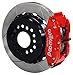 NEW WILWOOD REAR DISC BRAKE KIT, 13" ROTORS, PARKING BRAKE ASSEMBLIES, RED 4 PISTON SUPERLITE CALIPERS, PADS, FOR REAR ENDS WITH SMALL BEARING FORD AXLE FLANGES & 2.50" OFFSET MUSTANG FAIRLANE COUGAR