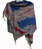 Apparel : Pashmina Silk Shawl Blue Red and Orange Metallic