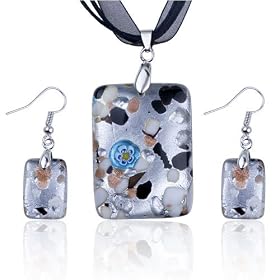 Sterling Silver Foil Gray Flower Dichroic Murano Glass Pendant And Earring Jewelry Set Gift