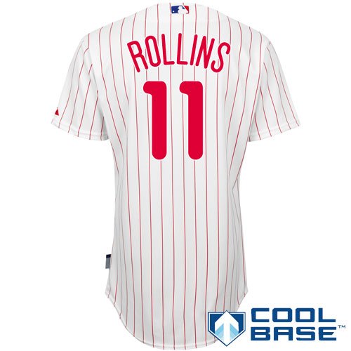 MLB Men's Philadelphia Phillies Jimmy Rollins Six Button Cool Base Authentic Home Jersey (Wht/Scrlet Pinstrp, 44/Large)