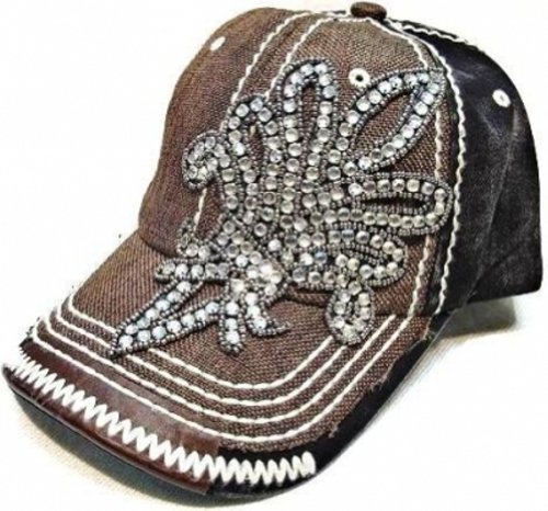 Womens Olive & Pique Two Tone Baseball Cap Extra Fancy Rhinestone Fleur de Lis