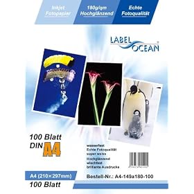 100 Sheets A4 210x297mm 180g/m� Photo paper from LabelOcean (R): very glossy and waterproof photo paper, Compatible with all Brother, Canon, HP, Lexmark and many other Ink Jet and photo Printers from
