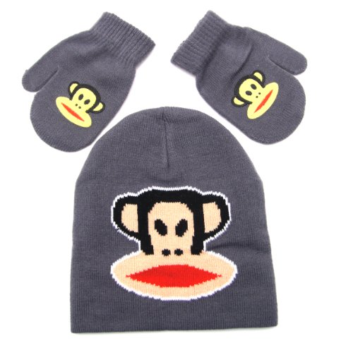 Paul Frank Julius Monkey Glue Print Beanie Mitten Grey Set for Toddlers Kids Boys