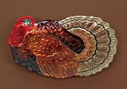 Nature's Peace Thanksgiving Turkey Ridged Glass Serving Platter 15.25"