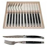 Original French LAGUIOLE - 12 pcs STEAK FLATWARE SET - BLACK color (6 steak knives + 6 matching forks) - SERRATED blade (genuine authentic Jean Dubost quality dark colour cutlery - family dinner table steak setting for 6 people - with CERTIFICATE of AUTHENTICITY - dishwasher safe! - gift wrap available - direct from FRANCE)