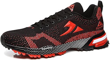 Men's Breathable Flyknit Performance Marathon Running Shoe - Athletic Cross Training Running Lightweight Black Red