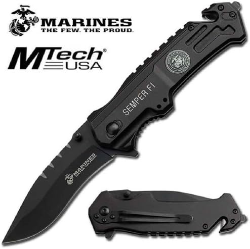 USMC Elite Tactical "Semper Fi" Rescue Knife - Black Drop Point