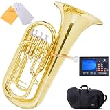 Mendini MEP-L Lacquer Brass B Flat Euphonium with Stainless Steel Pistons, Gold