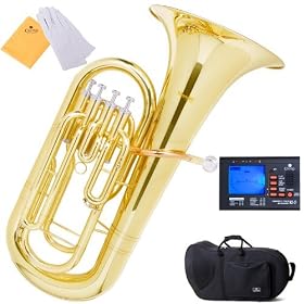 Mendini MEP-L Gold Lacquer with Rose-Brass Lead Pipe B Flat Euphonium w/ Case & Chromatic Tuner with Metronome