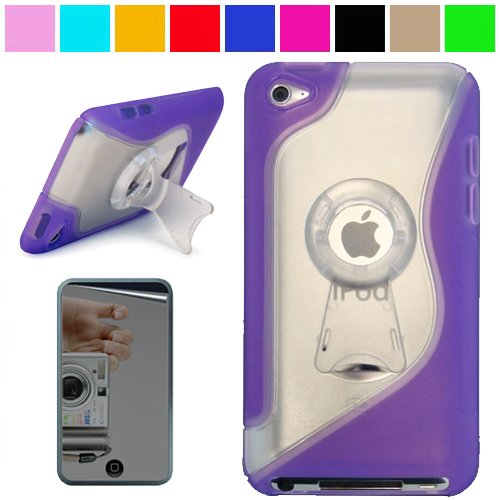 Durable Protective Two Tone Rubberized Crystal Hard Case Cover with Stand Alone Kickstand for Apple iPod Touch 4th Generation (8GB 16GB 32GB) + Mirror Screen Protector, Purple