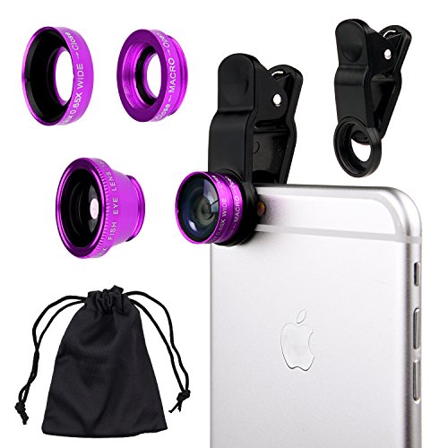 CamKix Universal 3 in 1 Cell Phone Camera Lens Kit for Smartphones including - Fish Eye Lens / 2 in 1 Macro Lens & Wide Angle Lens / Universal Clip / Carry Pouch / Microfiber Cleaning Cloth(purple)