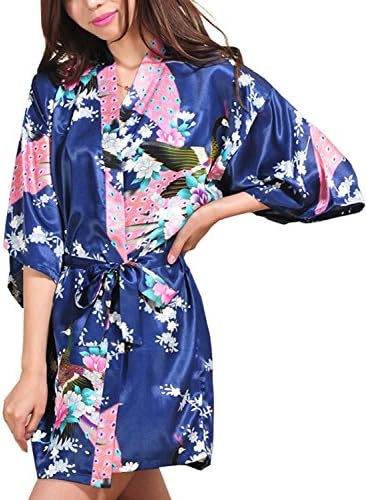 Macher Women's Kimono Style Satin Robe Bathrobes Knee Length (M, Deep bule)