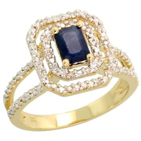 14k Gold Rectangular Diamond Ring, w/ 0.25 Carat Brilliant Cut Diamonds & 0.60 Carat (6x4mm) Emerald Cut Blue Sapphire Stone, 1/2" (13mm) wide