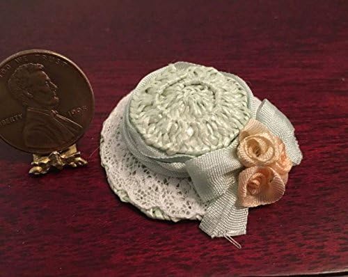 Dollhouse Miniature Artisan Fancy Ladies Pale Green & Lace Hat w/ Pink Roses by Sylvia Leiner