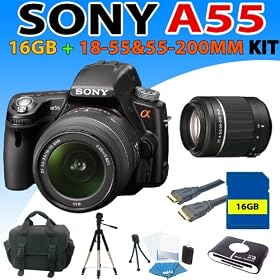Sony a55 DSLR Camera with 18-55mm zoom lens + Sony Sal-55200-2 55-200mm Lens, Deluxe Soft Case, 16gb Sdhc Memory Card and More - (16gb Deluxe Kit)