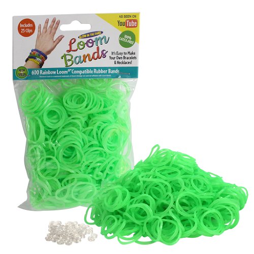 Loom Rubber Bands - 600 Neon Glow in the Dark Rubber Band Refill Pack with Clips (Glow Neon Green) - 100% Latex Free