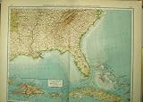 1893 GERMAN MAP AMERICA BAHAMAS CUBA FLORIDA HAITI