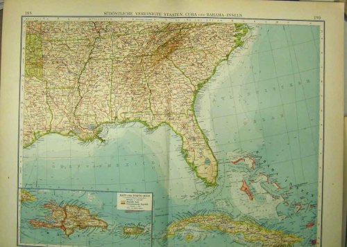 1893 GERMAN MAP AMERICA BAHAMAS CUBA FLORIDA HAITI