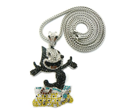Best Silver Iced Out Felix The Cat Pendant with a 36 Inch Franco Chain Necklace Guides
