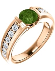 10K Rose Gold 6.00mm Round Cut Green Tourmaline and Diamond Ring -- LIFETIME WARRANTY