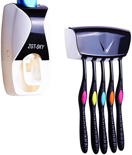 lllzff Hands Free Toothpaste Dispenser Automatic Toothpaste Squeezer and Holder Set (5 Brush Holder,Toothbrush not Include) - Black