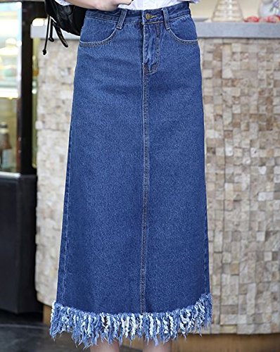 (ALLURE) デニム スカート ペンシル タイト ロング 切りっぱなし風 フリンジ ブルー ライトブルー AF0510