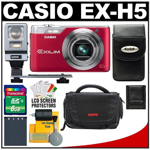 Casio Exilim EX-H5 Digital Camera (Red) with 8GB Card + Case + Flash + Battery + Accessory Kit