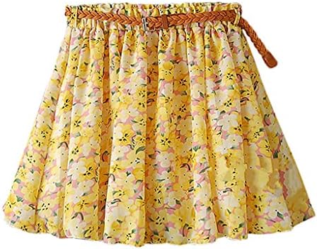 SuperR Womens Basic Floral Print Summer Short Skirt Stretch Mini Dress with belt (one size, Yellow)