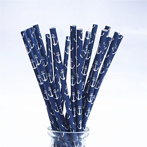 Elfun (TM) Navy Anchor Sailor Paper Straw Kids Birthday Party Supplies -50 count