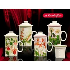 4 St�ck BLUMEN Teebecher mit Filter + Deckel aus Porzellan , Geschirr