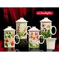 Teebecher mit Filter & Deckel aus Porzellan 4 versch. Blumen Design