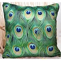 Elegant Decorative Throw Pillow Cover - Peacock Feathers Design on Both Sides - Soft Velvet Fabric - XH5