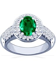 18K White Gold Oval Cut Emerald Ring With Sidestones