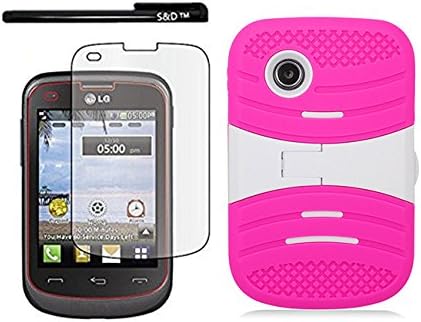 LG 306G Case (TRACFONE), S&amp;D(TM) TARCFONE LG 306G Heavy Duty Hybrid Armor Skin Protective Case Cover with Stand for + [FREE S&amp;D BRAND Screen Protector &amp; Touch Screen Stylus] (Pink / White)