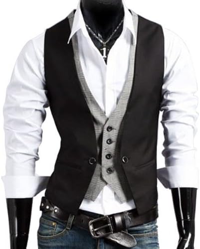 Mens Top Designed Casual Fake Two-Piece Waistcoat Vest (Asian XL(US:S), Black)
