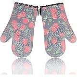 Highest Rated Heat Resistant Silicone Oven Mitt, OMOTON&reg; Extra Long Oven Mitts with Quilted Liner for Extra Protection, With Bonus Matching Silicone Hot Pad-Set of 2(1 Pair), Red Cherry