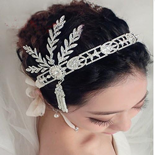 Good Quality Luxury Silver-tone the Great Gatsby Inspired Art Deco Wedding Tiara Headpiece Headband White Ribbon