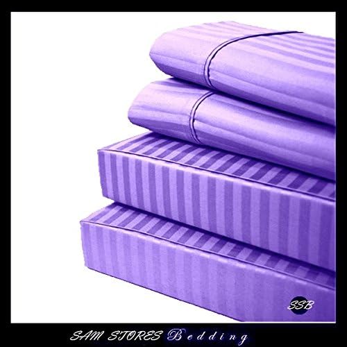 Luxurious 100% Egyptian Cotton 600TC Super Single Size with 19" Deep Pocket Attached Waterbed Sheet Set Stripe Lilac