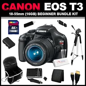 Canon EOS Rebel T3 12.2 MP CMOS Digital SLR Camera with EF-S 18-55mm f/3.5-5.6 IS Lens (16GB Beginner Bundle Kit) includes Charger, Battery, 16GB SD Card, USB Card Reader, HDMI Cable, Carrying Case, 57 Tripod and Cleaning Kit