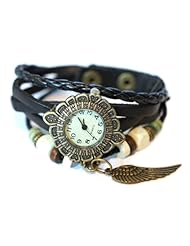 Black Leather Antique Gold Bronze feather with Wood Beads Bohemian Bracelet wrist watch 7" to 8 1/4"